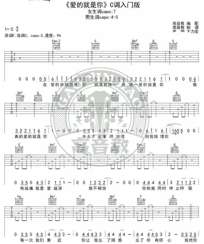 愛的就是你吉他譜c調簡單版王力宏