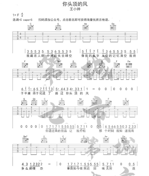 你頭頂?shù)娘L(fēng)吉他譜c調(diào)簡單版教學(xué)譜 王小帥